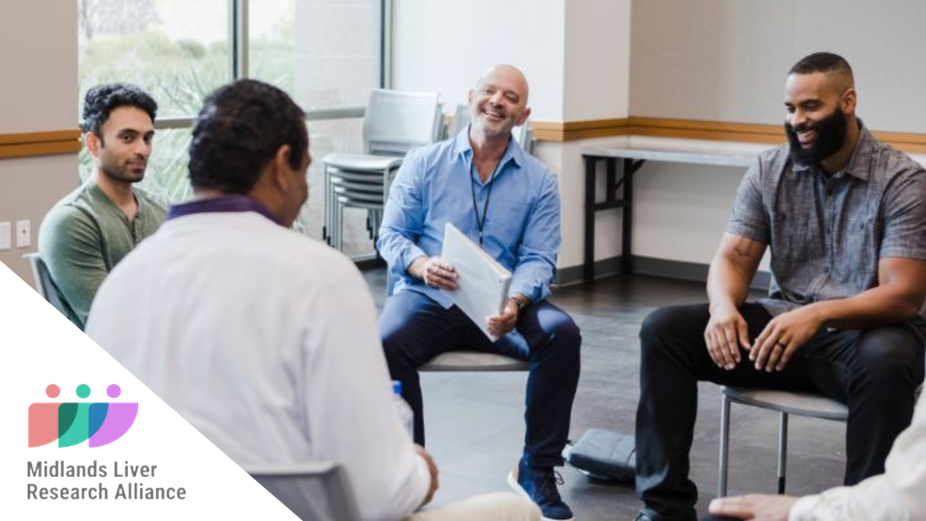 Midlands Liver Research Alliance logo. Picture of four men talking