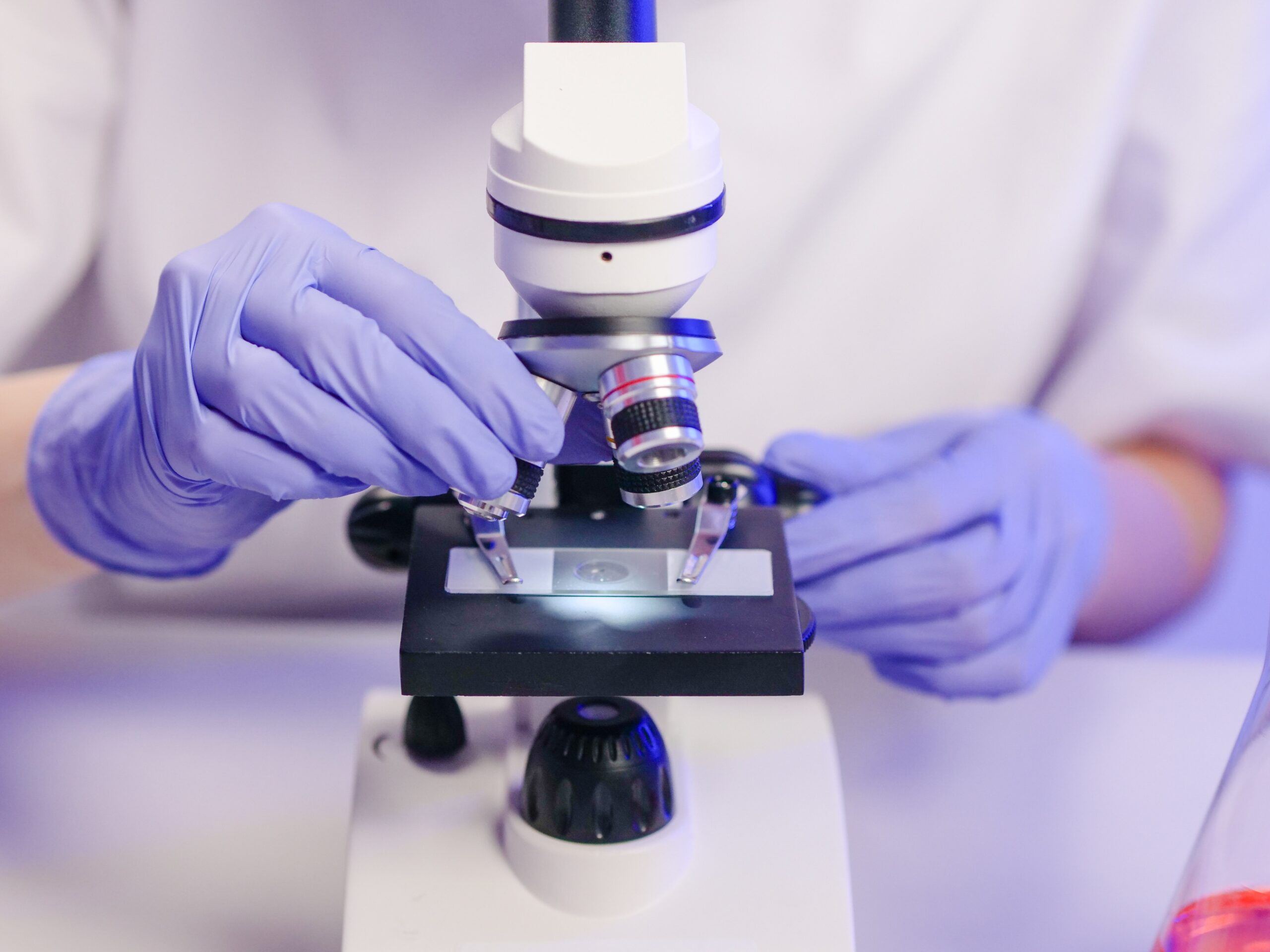 Researcher examining a microscope slide