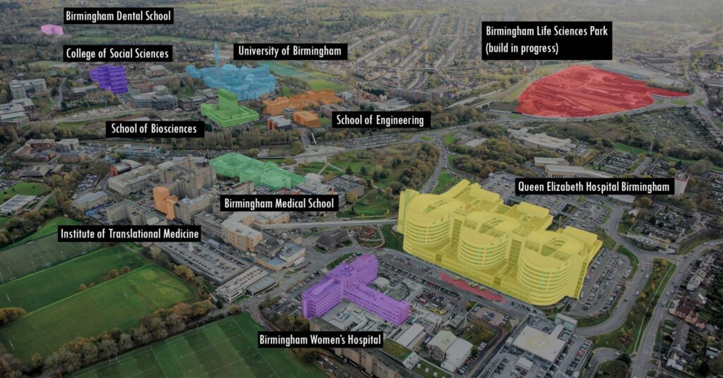 Life Sciences Campuses. Map showing individual campus positions across the region for Birmingham Dental School, College of Social Sciences, University of Birmingham, Birmingham Life Sciences Park, School of Biosciences, School of Engineering, Birmingham Medical School, Queen Elizabeth Hospital Birmingham, |Institute of Translational Medicine, Birmingham Women's Hospital