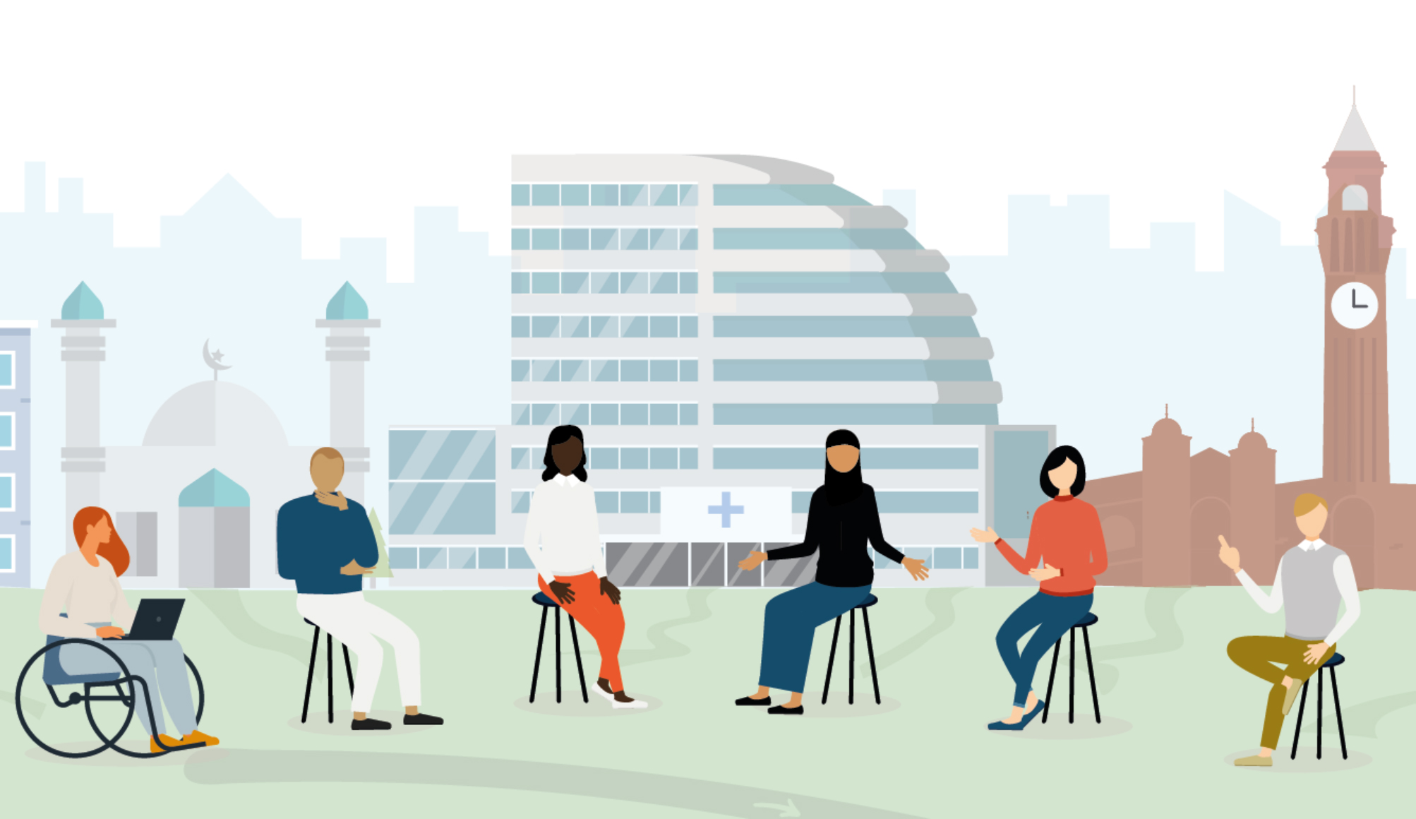 Graphic image with a diverse group of people sitting in front of the skyline of Birmingham, with the University of Birmingham's clock tower and the Queen Elizabeth Hospital as the most prominent buildings
