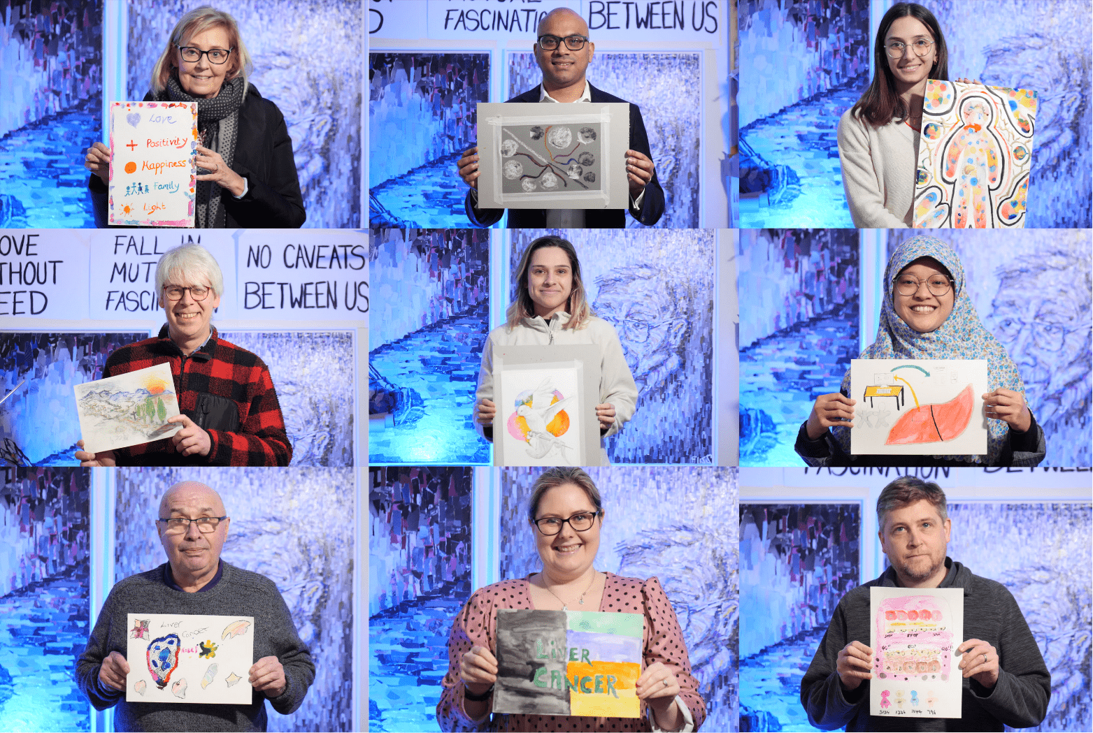 Collage of liver art workshop participants holding their artwork