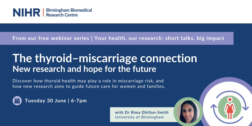 Promotional graphic with text: the thyroid-miscarriage connection. Webinar details as on the webpage. 